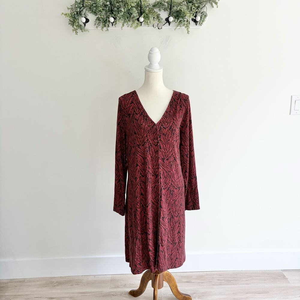 Garnet Hill Phoebe Button Front Dress Red And Black Leaf Print V Neck 2X